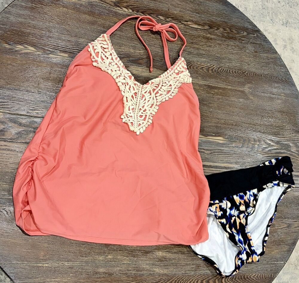 Swim Bundle Sz 14 Coral Chrochet Tankini Top + Black Printed Bikini Bottom - NWT